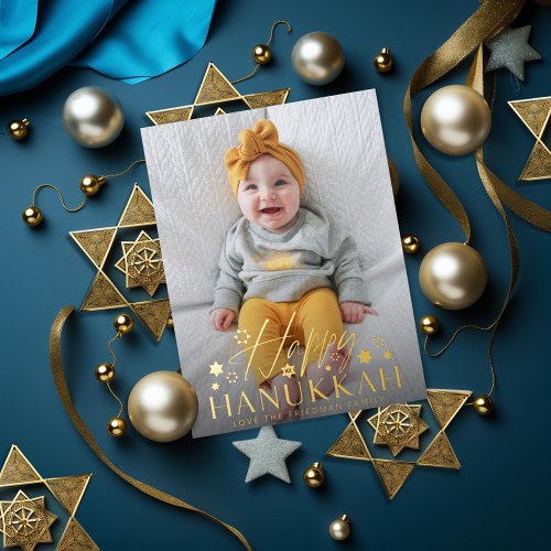 Festive Starry Happy Hanukkah Photo Gold Foil Holiday Postcard
