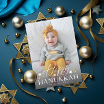 Festive Starry Happy Hanukkah Photo Holiday Card<br><div class="desc">Modern font duo of "Happy Hanukkah" with jewish stars,  over your full bleed photo with optional paragraph on the back.  Add your own photo to the back if desired.</div>