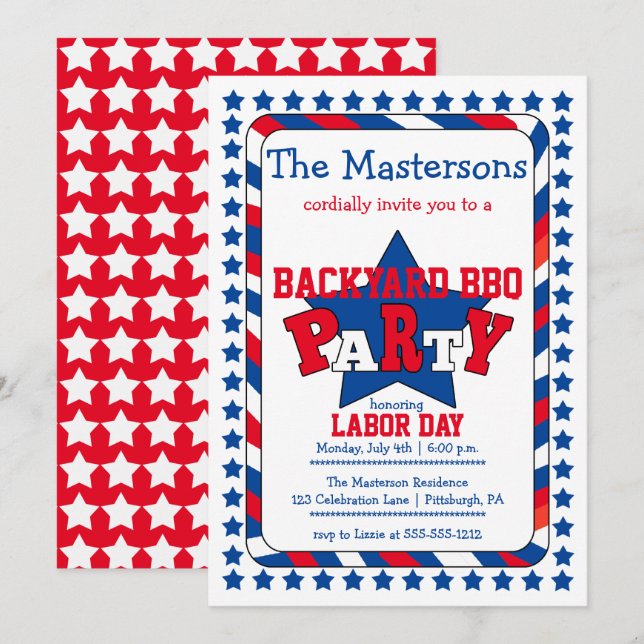 Festive Stars and Stripes Patriotic Labor Day BBQ Invitation (Front/Back)