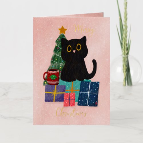 Festive Stars Gold Christmas Cute Black Cat Coffee Foil Holiday Card