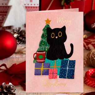 Festive Stars Gold Christmas Cute Black Cat Coffee Foil Holiday Card