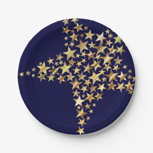 FESTIVE STARS Holiday Blessings BLUE Party Paper Plates (Front)
