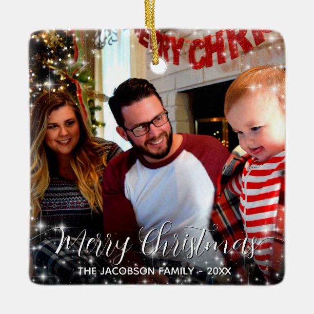 Festive Stars Merry Christmas Photo Holiday Ceramic Ornament (Front)