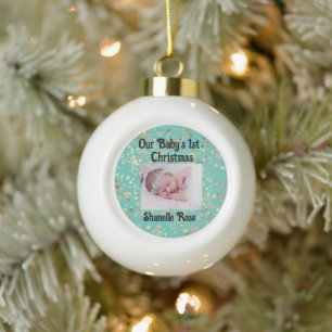 Festive Stars Personalized 1st Baby Photo Ceramic Ball Christmas Ornament