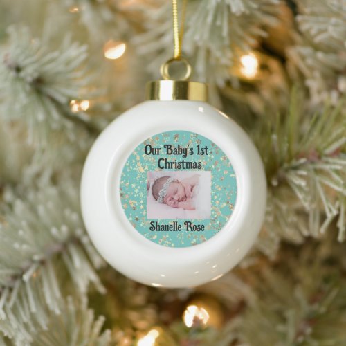 Festive Stars Personalized 1st Baby Photo Ceramic Ball Christmas Ornament