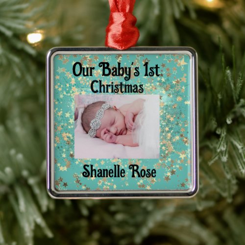 Festive Stars Personalized 1st Baby Photo Metal Ornament