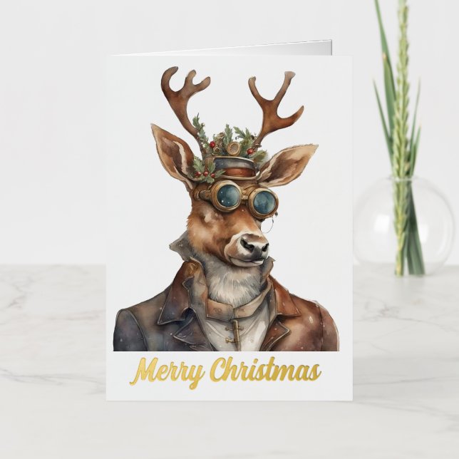 Festive Steampunk Christmas Reindeer Foil Greeting Card (Front)
