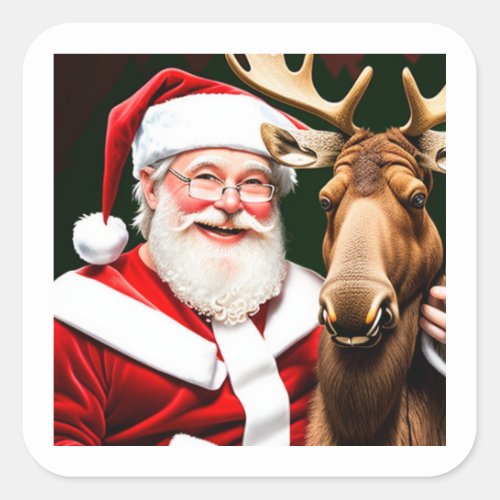 Festive Stickers Santa Claus and Moose Magic Square Sticker