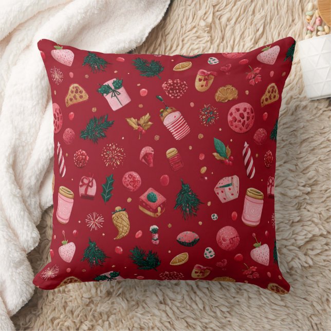 Festive Strawberry Christmas Treats Pattern Throw Pillow (Blanket)