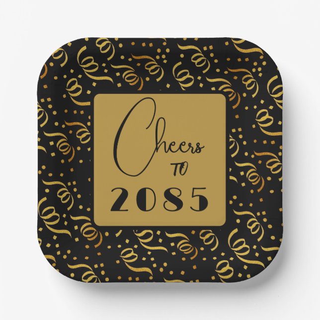 Festive Streamers Black n Gold New Years Party Paper Plates (Front)