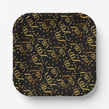 Festive Streamers Black N Gold New Years Party Paper Plates by holiday_store at Zazzle