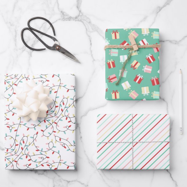 Festive String Lights & Gifts & Stripes Christmas Wrapping Paper Sheets (Front)