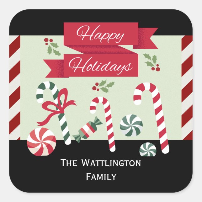 Festive Stripe Candy Happy Holidays Custom Name Square Sticker (Front)