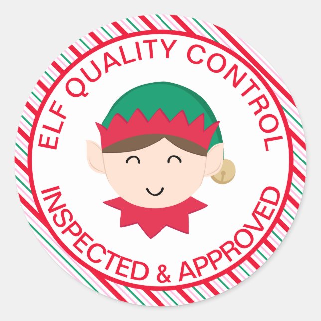 Festive Stripe Elf Quality Control Classic Round Sticker (Front)