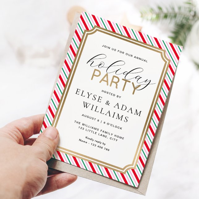Festive Stripe Holiday Party Foil Invitation (Festive Stripe Holiday Party Invitation Christmas Invitation)