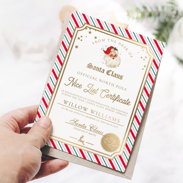Festive Stripe Nice List Certificate Foil Card (The Nice List Approved Certificate Festive Strip Zazzle)
