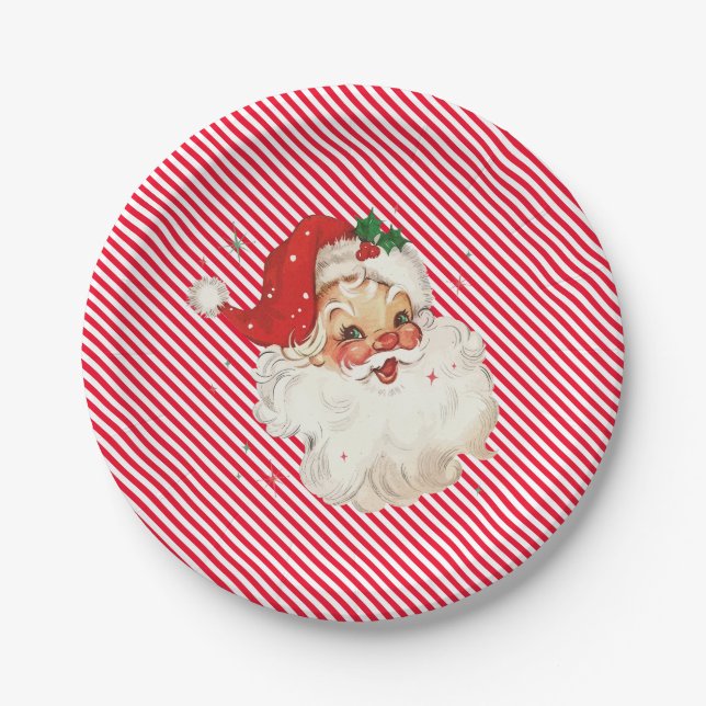Festive Stripe Red Retro Santa Paper Plates (Front)