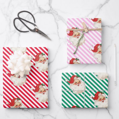 Festive Stripe Retro Santa Christmas Wrapping Paper Sheets