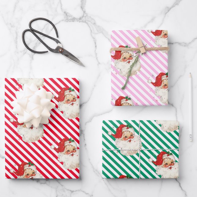 Festive Stripe Retro Santa Christmas Wrapping Paper Sheets (Front)