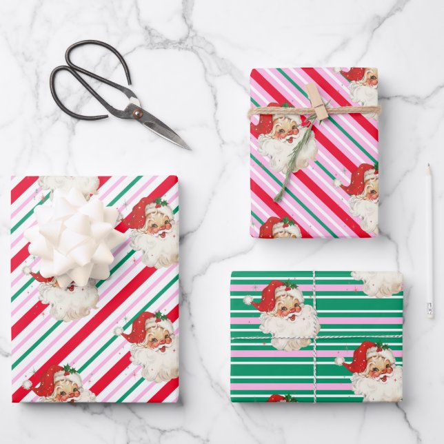 Festive Stripe Retro Santa Christmas Wrapping Paper Sheets (Front)