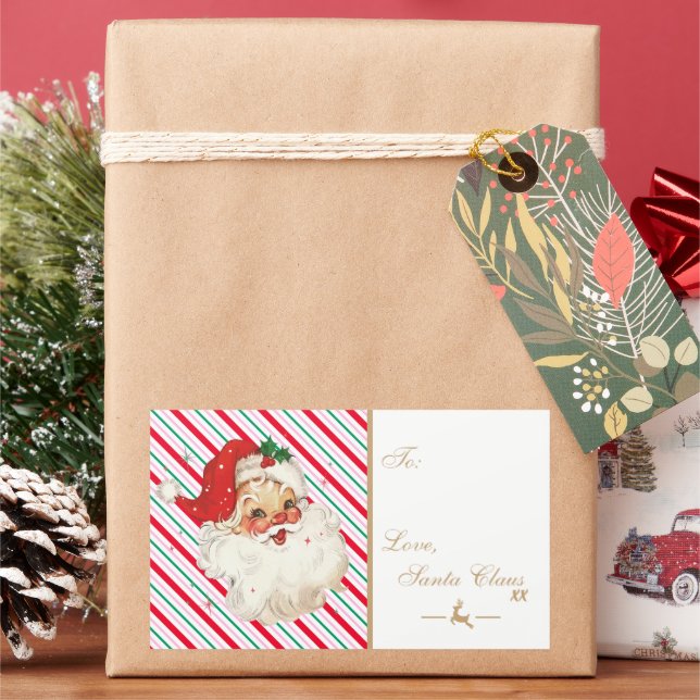 Festive Stripe Retro Santa Gift Rectangular Sticker (Holiday)