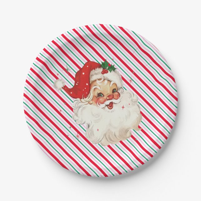 Festive Stripe Retro Santa Paper Plates (Front)