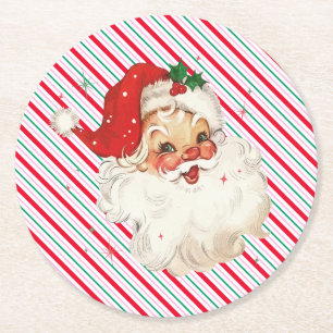 Festive Stripe Retro Santa Round Paper Coaster