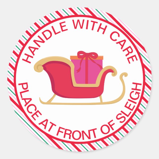 Festive Stripe Sleigh Hand With Care Classic Round Sticker (Front)