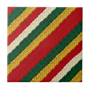 Festive Striped Knit in Red, Green, Gold, Cream Ceramic Tile