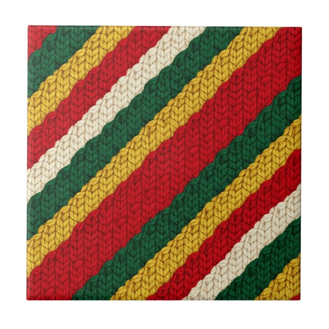 Festive Striped Knit in Red, Green, Gold, Cream Ceramic Tile (Front)