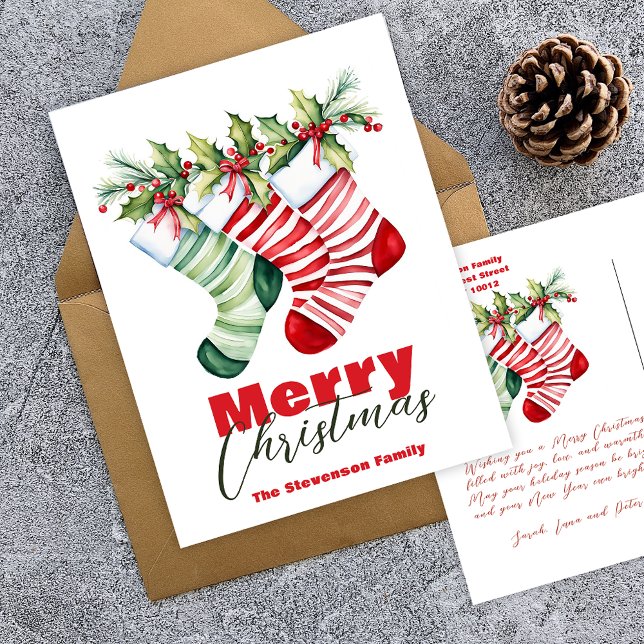 Festive Striped Stockings with Greenery Christmas Holiday Postcard (Creator Uploaded)