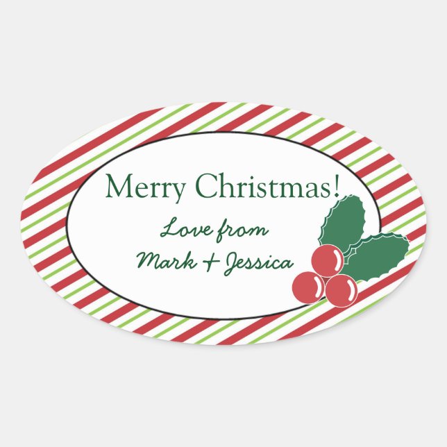 Festive Stripes and Holly Oval Sticker (Front)