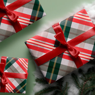 Festive Stylish Candy Cane Red Green Plaid Pattern Wrapping Paper Sheets