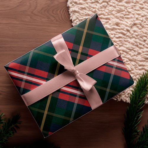 Festive Stylish Dark Red  Green Plaid Pattern Wrapping Paper