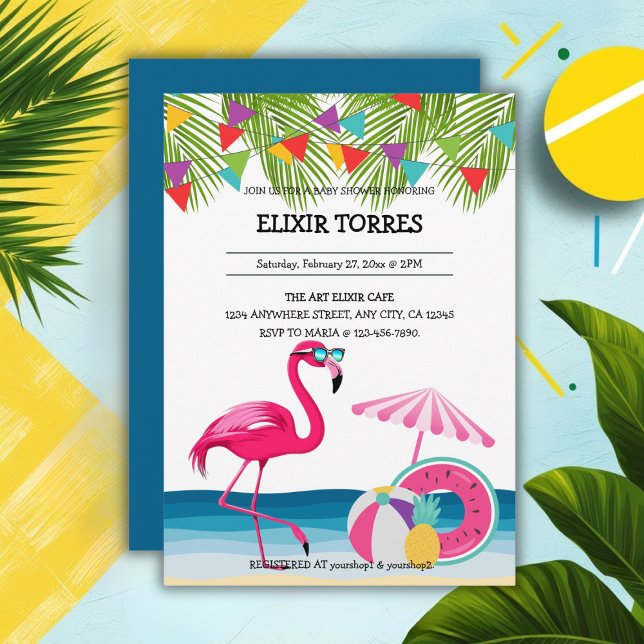 Festive Summer Beach Pink Flamingo Baby Shower Invitation (Creator Uploaded)