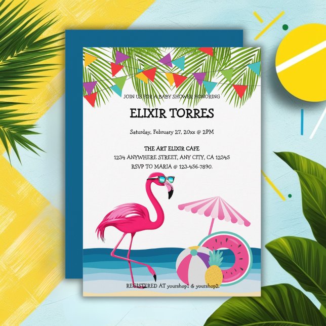 Festive Summer Beach Pink Flamingo Baby Shower Invitation (Creator Uploaded)