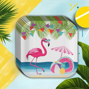 Festive Summer Beach Pink Flamingo Baby Shower Paper Plates