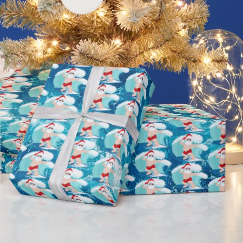 festive surfing Santa beach Wrapping Paper