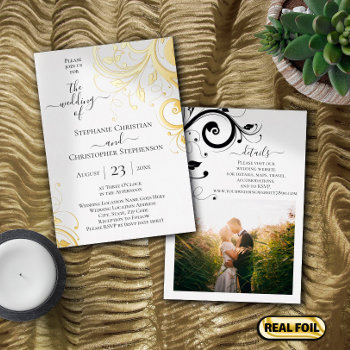 Festive Swirls And Leaves Photo On Back Wedding Foil Invitation by CustomInvites at Zazzle
