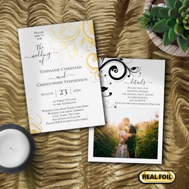 Festive Swirls and Leaves Photo on Back Wedding Foil Invitation (Creator Uploaded)
