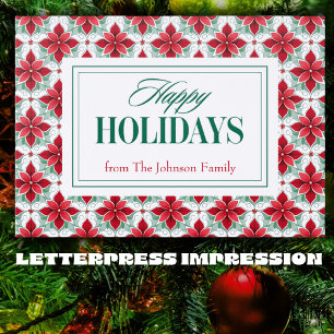 Festive Symmetrical Poinsettia Bloom – Holiday Letterpress Photo Cards