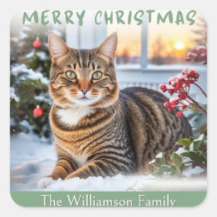 Festive Tabby Cat In Snow Cute Animal Christmas Square Sticker