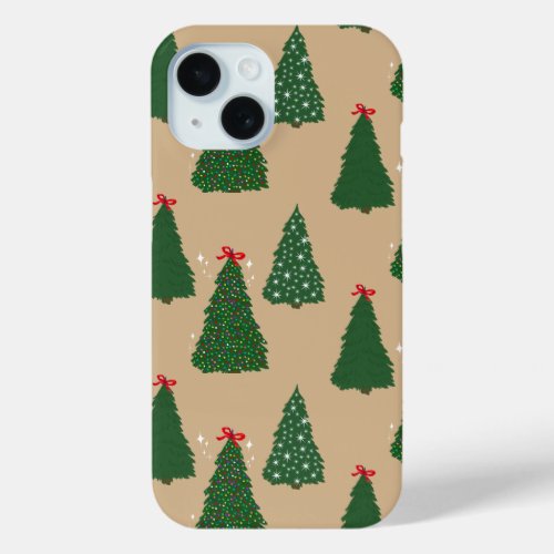 Festive Tan Christmas Tree Pattern iPhone 15 Case