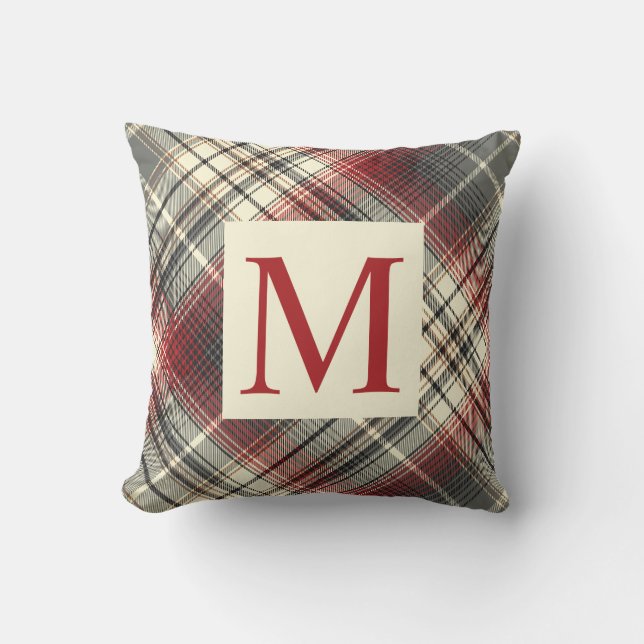 Festive Tartan Grey Red Monogram initial Throw Pillow (Front)