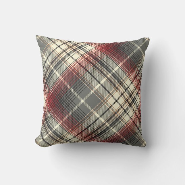 Festive Tartan Grey Red plaid pattern Throw Pillow (Front)