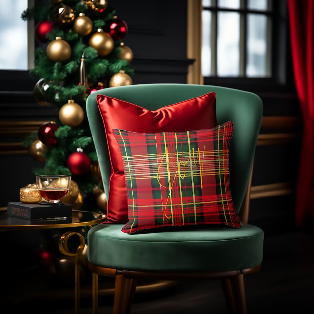 Festive Tartan 'Joy' Calligraphy Decorative  Throw Pillow (Christmas Decor, Classic Christmas Tartan 'Joy' Script Decorative Throw Pillow, Red and Green )