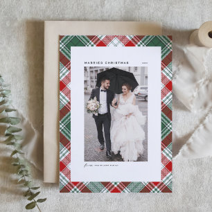 Festive Tartan Pattern Married Christmas Photo Holiday Card