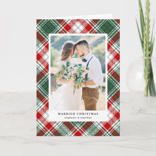 Festive Tartan Pattern Married Christmas Photo Holiday Card