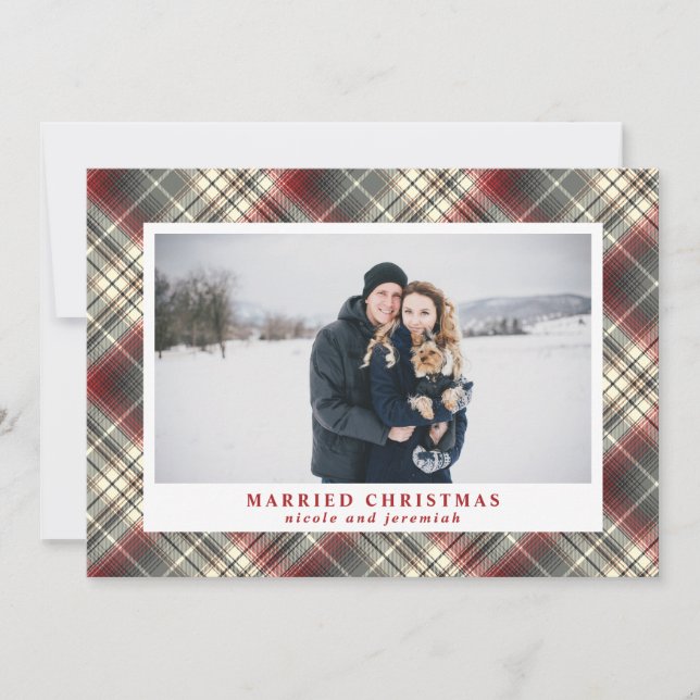 Festive  Tartan red Gray Married Christmas Photo Holiday Card (Front)