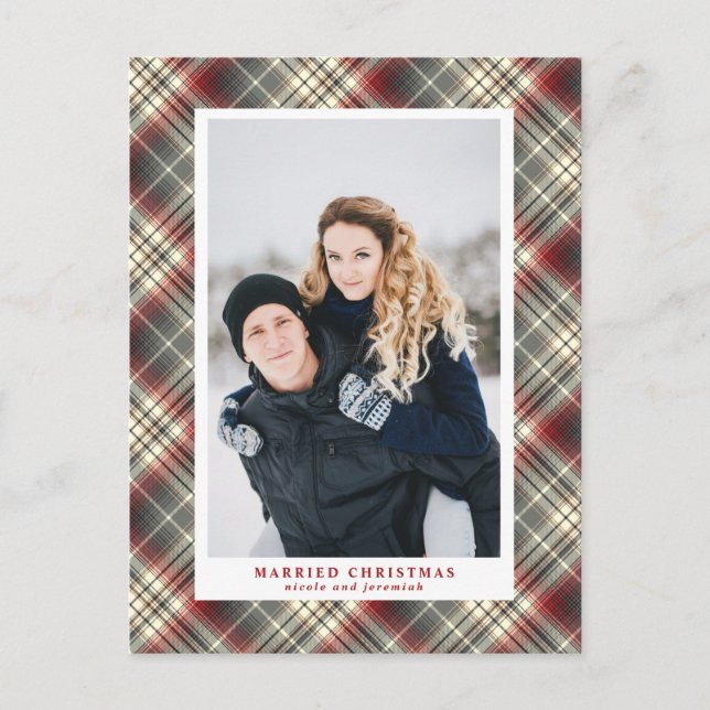 Festive Tartan red Gray Married Christmas Photo Holiday Postcard (Front)